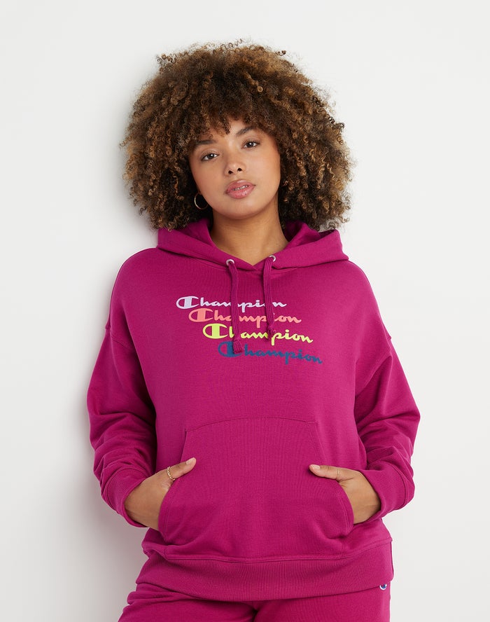 Champion Womens Hoodie NZ - Powerblend Fleece Relaxed Stacked Scripts Logo Pink ( 2456-DOFGR )